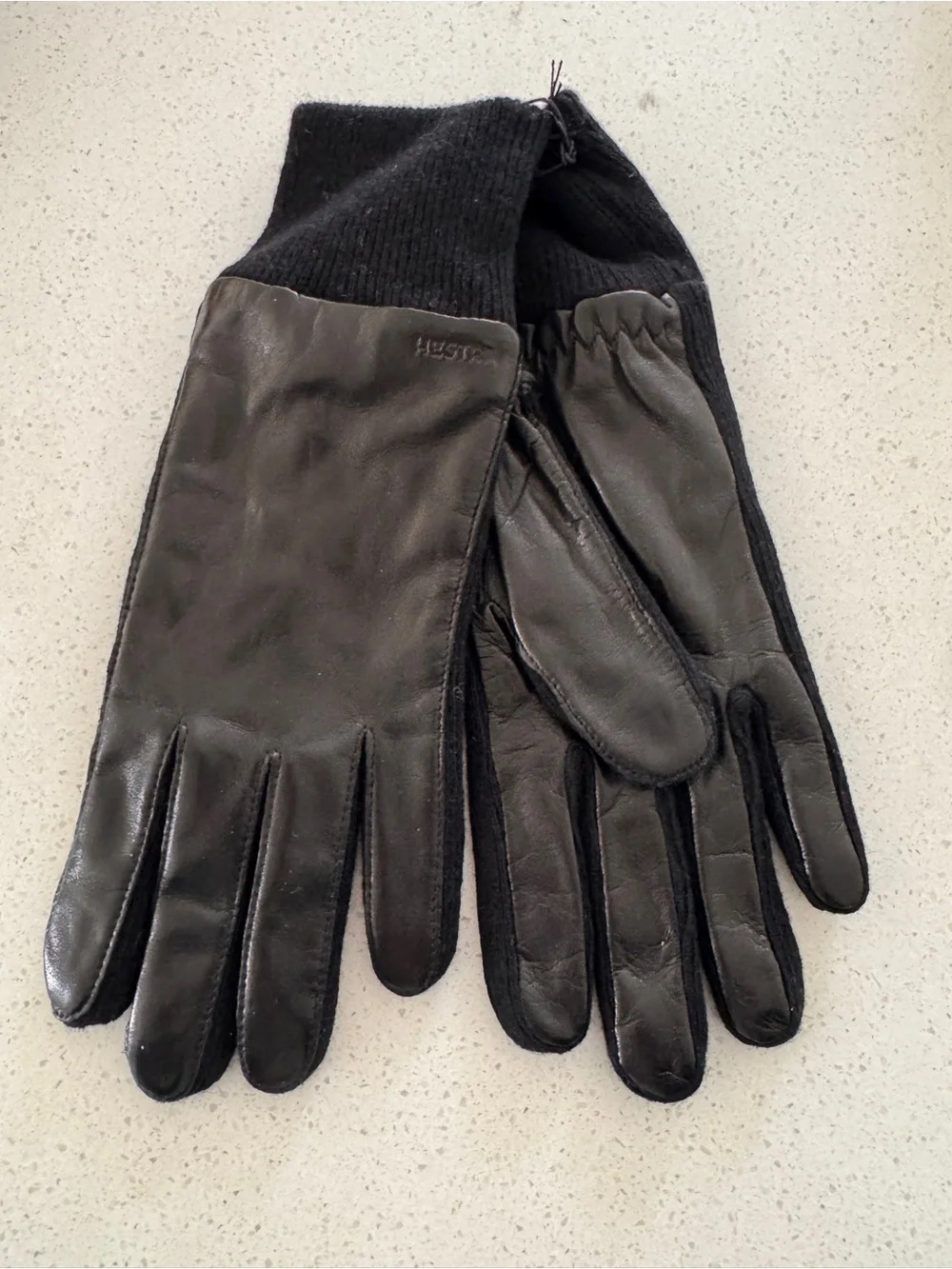 Hestra Black Leather Gloves with Knit Cuff